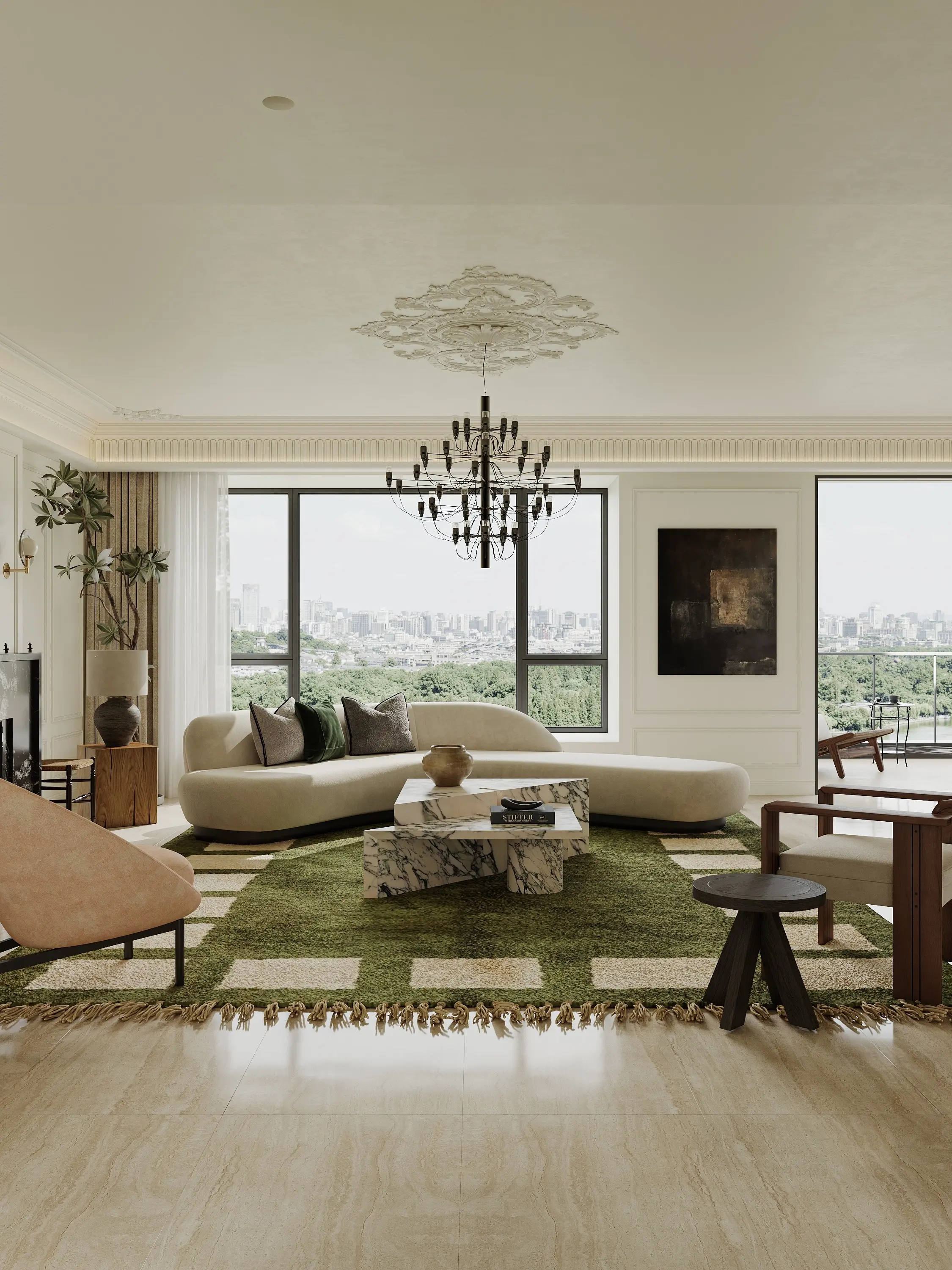 Located by the West Lake in Hangzhou, this apartment reinterprets classical architecture through a contemporary lens.